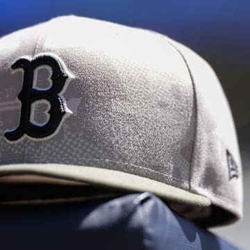 May 26, 2025; Milwaukee, Wisconsin, USA;  General view of a Boston Red Sox hat during warmups prior the game against the Milwaukee Brewers at American Family Field. Mandatory Credit: Jeff Hanisch-Imagn Images