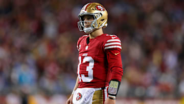Dec 30, 2024; Santa Clara, California, USA; San Francisco 49ers quarterback Brock Purdy (13) during the game against the Detroit Lions at Levi's Stadium. Mandatory Credit: Sergio Estrada-Imagn Images