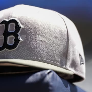 May 26, 2025; Milwaukee, Wisconsin, USA;  General view of a Boston Red Sox hat during warmups prior the game against the Milwaukee Brewers at American Family Field. Mandatory Credit: Jeff Hanisch-Imagn Images