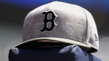 May 26, 2025; Milwaukee, Wisconsin, USA;  General view of a Boston Red Sox hat during warmups prior the game against the Milwaukee Brewers at American Family Field. Mandatory Credit: Jeff Hanisch-Imagn Images