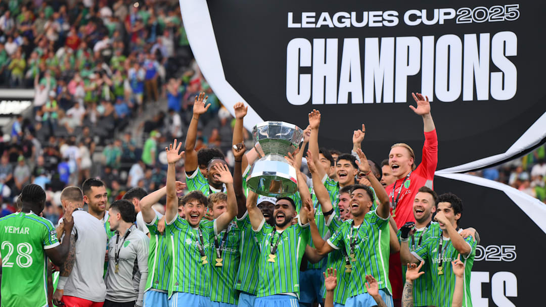 Aug 31, 2025; Seattle, Washington, USA; The Seattle Sounders FC celebrate winning the Leagues Cup 2025 against Inter Miami CF at Lumen Field. Mandatory Credit: Steven Bisig-Imagn Images Aug 31, 2025; Seattle, Washington, USA; The Seattle Sounders FC celebrate winning the Leagues Cup 2025 against Inter Miami CF at Lumen Field. Mandatory Credit: Steven Bisig-Imagn Images