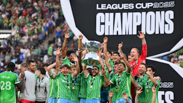 Aug 31, 2025; Seattle, Washington, USA; The Seattle Sounders FC celebrate winning the Leagues Cup 2025 against Inter Miami CF at Lumen Field. Mandatory Credit: Steven Bisig-Imagn Images