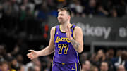 Apr 9, 2025; Dallas, Texas, USA; Los Angeles Lakers guard Luka Doncic (77) reacts to missing a shot against the Dallas Mavericks during the third quarter at the American Airlines Center. Mandatory Credit: Jerome Miron-Imagn Images