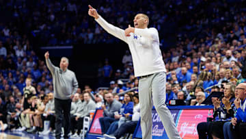 Oct 24, 2025; Lexington, KY, USA; Kentucky Wildcats head coach Mark Pope yells to his players during the second half against the Purdue Boilermakers at Rupp Arena at Central Bank Center. Mandatory Credit: Jordan Prather-Imagn Images