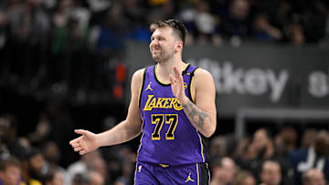Apr 9, 2025; Dallas, Texas, USA; Los Angeles Lakers guard Luka Doncic (77) reacts to missing a shot against the Dallas Mavericks during the third quarter at the American Airlines Center. Mandatory Credit: Jerome Miron-Imagn Images