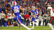 Oct 26, 2023; Orchard Park, New York, USA; Buffalo Bills quarterback Josh Allen (17) throws the ball to tight end Dalton Kincaid (86) during the first half against the Tampa Bay Buccaneers at Highmark Stadium. Mandatory Credit: Gregory Fisher-USA TODAY Sports