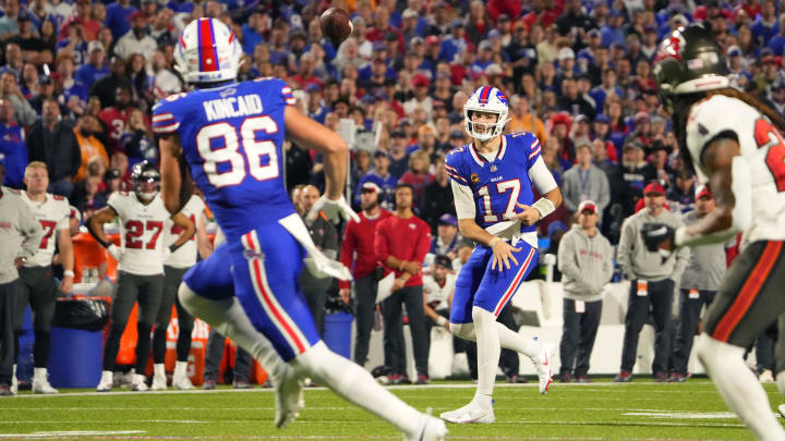 Oct 26, 2023; Orchard Park, New York, USA; Buffalo Bills quarterback Josh Allen (17) throws the ball to tight end Dalton Kincaid (86) during the first half against the Tampa Bay Buccaneers at Highmark Stadium. Mandatory Credit: Gregory Fisher-USA TODAY Sports