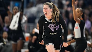 Golden State Valkyries guard Kate Martin (20) celebrates a three point basket against the Phoenix Mercury in the first quarter at Chase Center. 