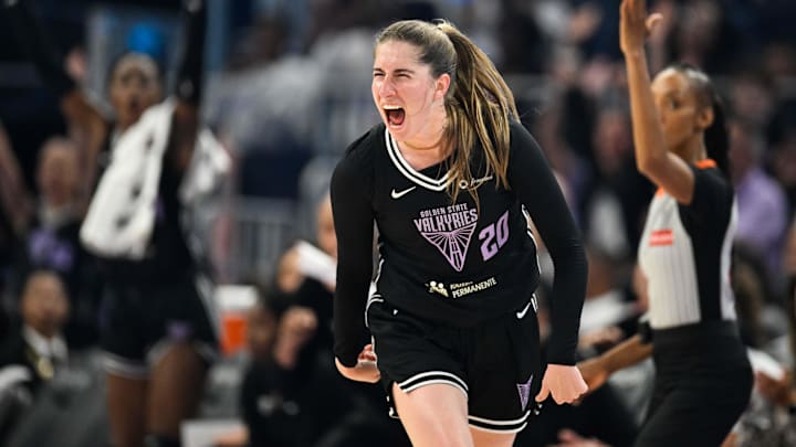Golden State Valkyries guard Kate Martin (20) celebrates a three point basket against the Phoenix Mercury in the first quarter at Chase Center. 