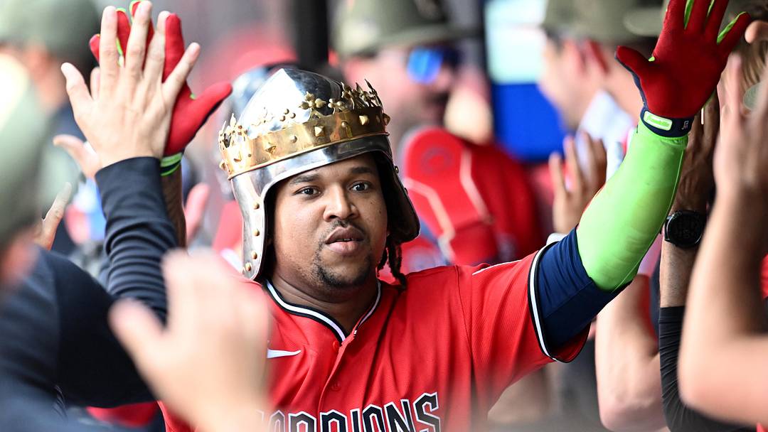 May 17, 2026; Cleveland, Ohio, USA; Cleveland Guardians designated hitter Jose Ramirez (11) celebrates after hitting a home run during the eighth inning against the Cincinnati Reds at Progressive Field.