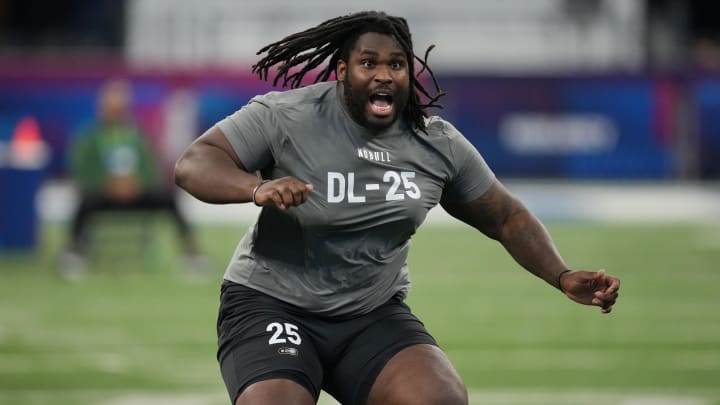 Feb 29, 2024; Indianapolis, IN, USA; Texas defensive lineman T'Vondre Sweat (DL25) works out during