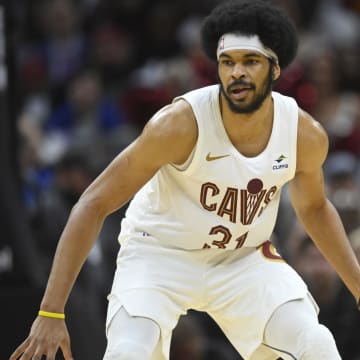 Apr 20, 2024; Cleveland, Ohio, USA; Cleveland Cavaliers center Jarrett Allen (31) defends in the second quarter against the Orlando Magic during game one of the first round for the 2024 NBA playoffs at Rocket Mortgage FieldHouse