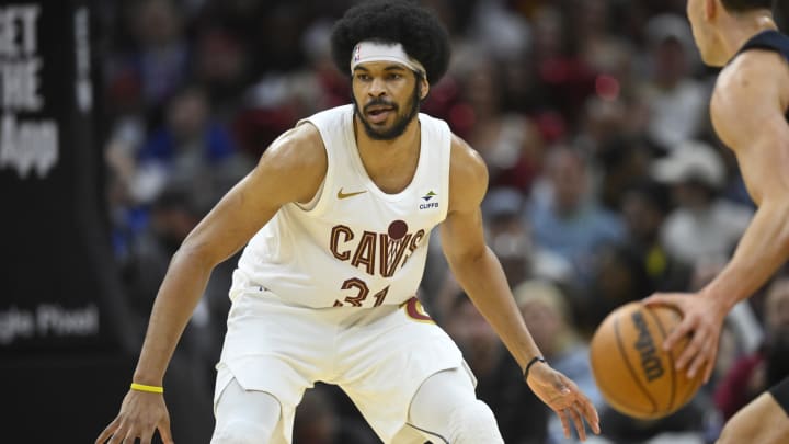 Apr 20, 2024; Cleveland, Ohio, USA; Cleveland Cavaliers center Jarrett Allen (31) defends in the second quarter against the Orlando Magic during game one of the first round for the 2024 NBA playoffs at Rocket Mortgage FieldHouse