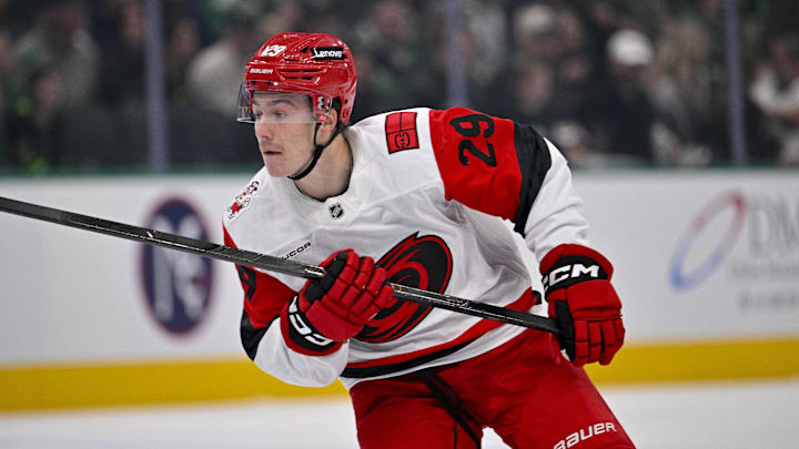 Oct 25, 2025; Dallas, Texas, USA; Carolina Hurricanes left wing Bradly Nadeau (29) skates against the Dallas Stars during the game between the Stars and the Hurricanes at the American Airlines Center. Mandatory Credit: Jerome Miron-Imagn Images