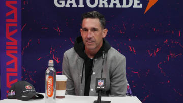 Feb 5, 2024; Las Vegas, NV, USA; San Francisco 49ers head coach Kyle Shanahan speaks during Super Bowl LVIII Opening Night at Allegiant Stadium. Mandatory Credit: Kirby Lee-USA TODAY Sports