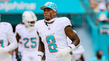 Oct 27, 2024; Miami Gardens, Florida, USA; Miami Dolphins safety Jevon Holland (8) enters the field before the game against the Arizona Cardinals at Hard Rock Stadium. 