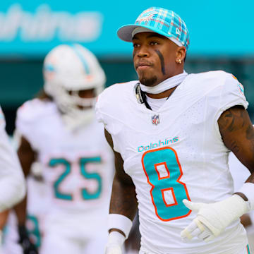 Miami Dolphins safety Jevon Holland (8) enters the field before the game against the Arizona Cardinals at Hard Rock Stadium. 
