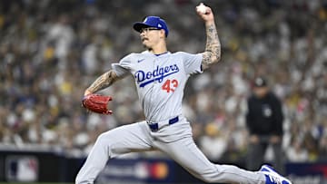 Oct 8, 2024; San Diego, California, USA; Los Angeles Dodgers pitcher Anthony Banda (43) throws in the sixth inning against the San Diego Padres during game three of the NLDS for the 2024 MLB Playoffs at Petco Park.  Mandatory Credit: Denis Poroy-Imagn Images