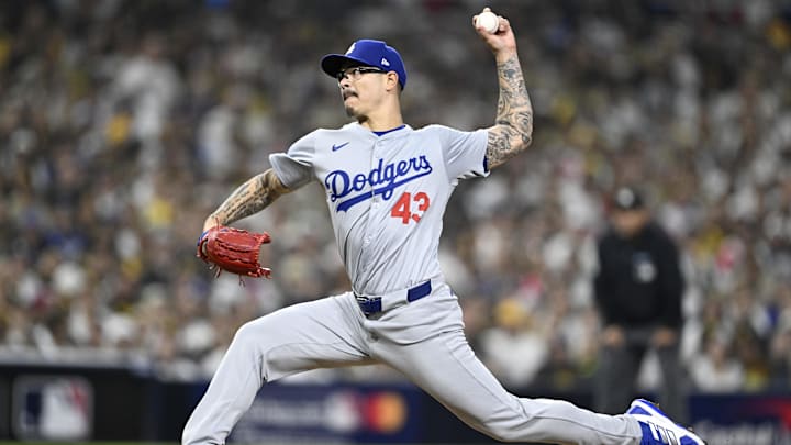 Oct 8, 2024; San Diego, California, USA; Los Angeles Dodgers pitcher Anthony Banda (43) throws in the sixth inning against the San Diego Padres during game three of the NLDS for the 2024 MLB Playoffs at Petco Park.  Mandatory Credit: Denis Poroy-Imagn Images