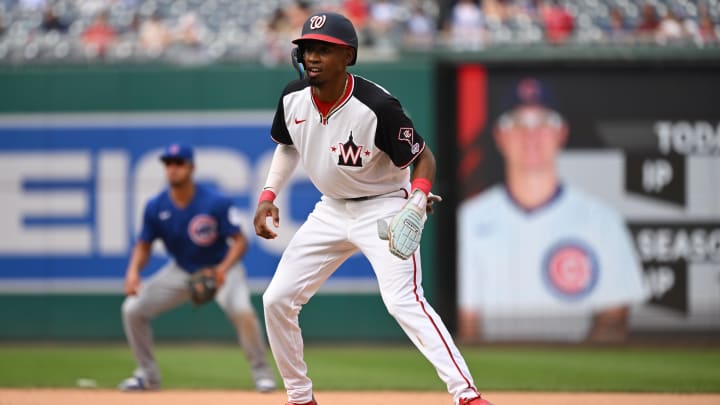 Sep 1, 2024; Washington, District of Columbia, USA; Washington Nationals second baseman Darren Baker (10) leads off first base during his Major League debut against the Chicago Cubs during the ninth inning at Nationals Park. 