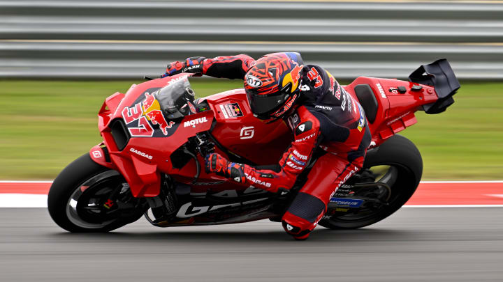 Apr 14, 2024; Austin, TX, USA; Augusto Fernandez (37) of Spain and Red Bull Tech3 GASGAS rides in warmups before the start of the MotoGP Grand Prix of The Americas at Circuit of The Americas. Mandatory Credit: Jerome Miron-USA TODAY Sports