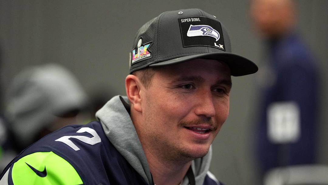 Seattle Seahawks quarterback Drew Lock talks to media members
