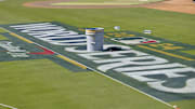 The World Series logo on the field before team workouts at Dodgers Stadium.