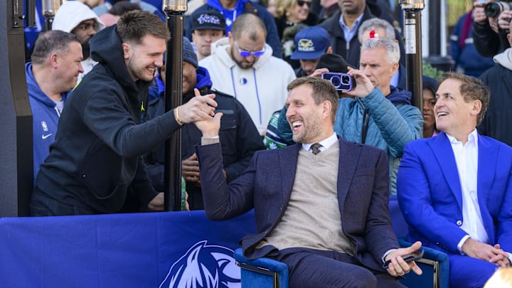 Dallas Mavericks guard Luka Doncic. former player Dirk Nowitzki and Mavericks owner Mark Cuban during the ceremony for the unveiling of a statue of Nowitzki. Dallas Mavericks guard Luka Doncic. former player Dirk Nowitzki and Mavericks owner Mark Cuban during the ceremony for the unveiling of a statue of Nowitzki.