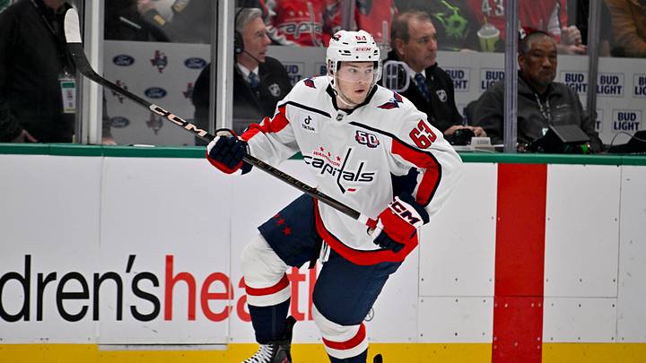 Dec 16, 2024; Dallas, Texas, USA; Washington Capitals left wing Ivan Miroshnichenko (63) in action during the game between the Dallas Stars and the Washington Capitals at American Airlines Center. Mandatory Credit: Jerome Miron-Imagn Images