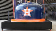 Apr 27, 2024; Mexico City, Mexico; A large Houston Astros helmet at the MLB World Tour Mexico Series game at Estadio Alfredo Harp Helu. Mandatory Credit: Kirby Lee-Imagn Images