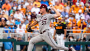 Texas A&M Aggies pitcher Evan Aschenbeck (53) throws against the Tennessee Volunteers during the sixth inning at Charles Schwab Field Omaha.