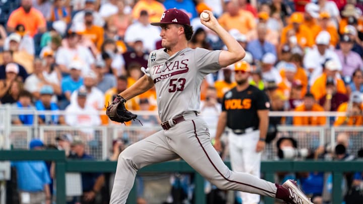 Texas A&M Aggies pitcher Evan Aschenbeck (53) throws against the Tennessee Volunteers during the sixth inning at Charles Schwab Field Omaha. Texas A&M Aggies pitcher Evan Aschenbeck (53) throws against the Tennessee Volunteers during the sixth inning at Charles Schwab Field Omaha.