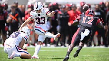 Sep 3, 2022; San Diego, California, USA; Arizona Wildcats kicker Tyler Loop (33) kicks a field goal against the San Diego State Aztecs during the first half at Snapdragon Stadium. Mandatory Credit: Orlando Ramirez-Imagn Images