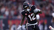Dec 14, 2025; Houston, Texas, USA; Houston Texans wide receiver Nico Collins (12) runs for a touchdown during the first quarter against the Arizona Cardinals at NRG Stadium. Mandatory Credit: Troy Taormina-Imagn Images