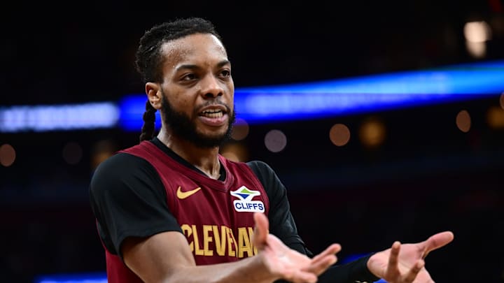 Jan 12, 2026; Cleveland, Ohio, USA; Cleveland Cavaliers guard Darius Garland (10) argues a call with referee Brent Barnaky (not pictured) during the second half against the Utah Jazz at Rocket Arena. Mandatory Credit: Ken Blaze-Imagn Images