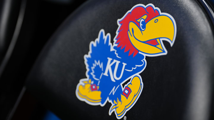 Nov 16, 2024; Lawrence, Kansas, USA; A general view of the Kansas Jayhawks logo on a bench chair prior to a game against the Oakland Golden Grizzlies at Allen Fieldhouse. Mandatory Credit: Denny Medley-Imagn Images