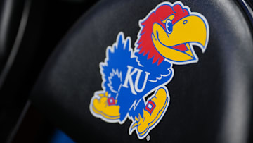 Nov 16, 2024; Lawrence, Kansas, USA; A general view of the Kansas Jayhawks logo on a bench chair prior to a game against the Oakland Golden Grizzlies at Allen Fieldhouse. Mandatory Credit: Denny Medley-Imagn Images