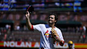 Sep 21, 2025; St. Louis, Missouri, USA; St. Louis Cardinals third baseman Nolan Arenado (28) salutes the fans after he was ceremonially removed before the start of the first inning against the Milwaukee Brewers at Busch Stadium. Mandatory Credit: Jeff Curry-Imagn Images