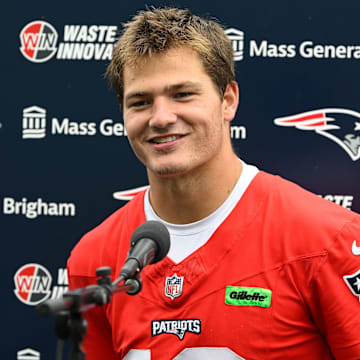 Jun 9, 2025; Foxborough, MA, USA; New England Patriots quarterback Drake Maye (10) holds a press conference after minicamp at Gillette Stadium. Mandatory Credit: Eric Canha-Imagn Images