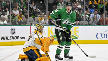 Apr 3, 2023; Dallas, Texas, USA; Nashville Predators goaltender Juuse Saros (74) and Dallas Stars