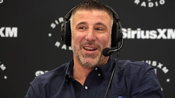 New England Patriots coach Mike Vrabel on the SiriusXM radio set at the NFL Scouting Combine at the Indiana Convention Center.