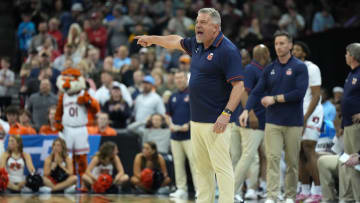 Mar 22, 2024; Spokane, WA, USA; Auburn Tigers head coach Hugh Freeze calls a play Yale Bulldogs during the second half of a game in the first round of the 2024 NCAA Tournament at Spokane Veterans Memorial Arena. Mandatory Credit: Kirby Lee-USA TODAY Sports 
