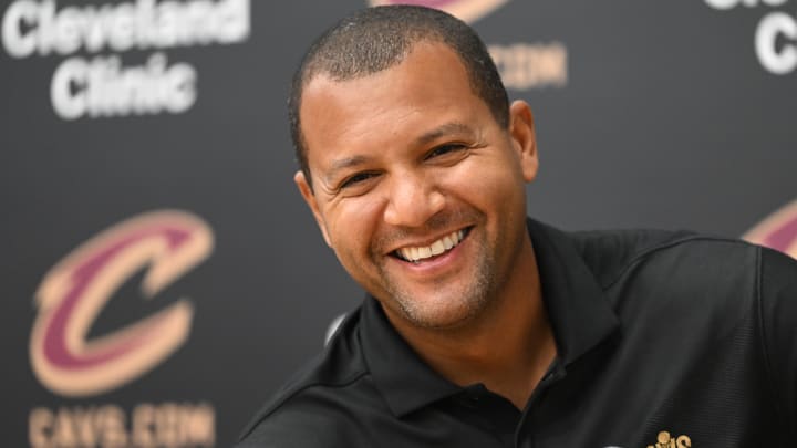 Jun 24, 2022; Independence, Ohio, USA; Cleveland Cavaliers president of basketball operations Koby Altman talks to the media during a press conference introducing the first two draft picks of the Cavaliers at Cleveland Clinic Courts. Mandatory Credit: Ken Blaze-USA TODAY Sports


