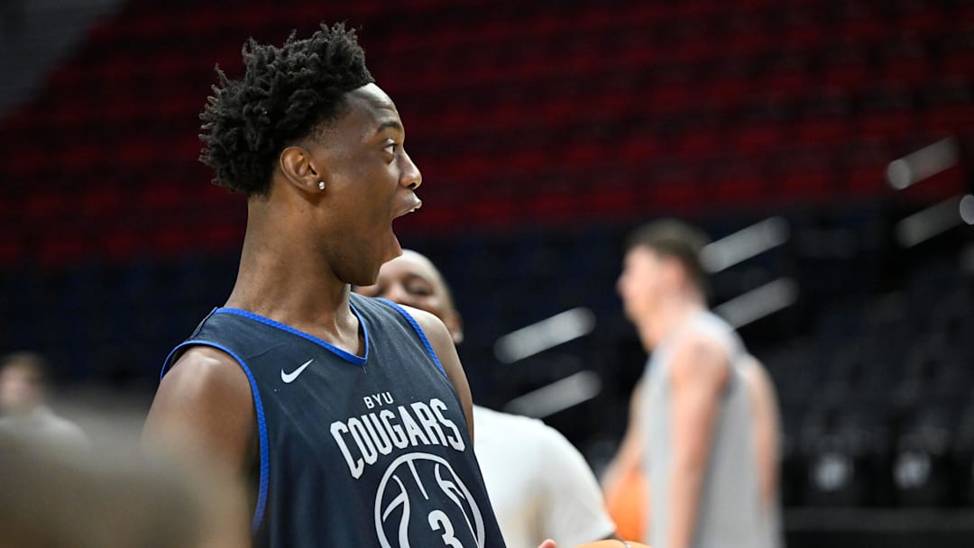 Mar 18, 2026; Portland, OR, USA; BYU Cougars forward AJ Dybantsa (3) reacts during a practice session ahead of the first round of the men's 2026 NCAA Tournament at Moda Center. Mandatory Credit: Craig Strobeck-Imagn Images