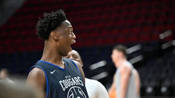 Mar 18, 2026; Portland, OR, USA; BYU Cougars forward AJ Dybantsa (3) reacts during a practice session ahead of the first round of the men's 2026 NCAA Tournament at Moda Center. Mandatory Credit: Craig Strobeck-Imagn Images