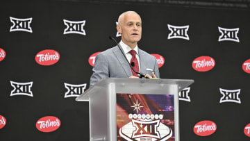 Jul 9, 2024; Las Vegas, NV, USA; Big 12 Conference commissioner Brett Yormark speaks to the media during the Big 12 Media Days at Allegiant Stadium. Mandatory Credit: Candice Ward-USA TODAY Sports