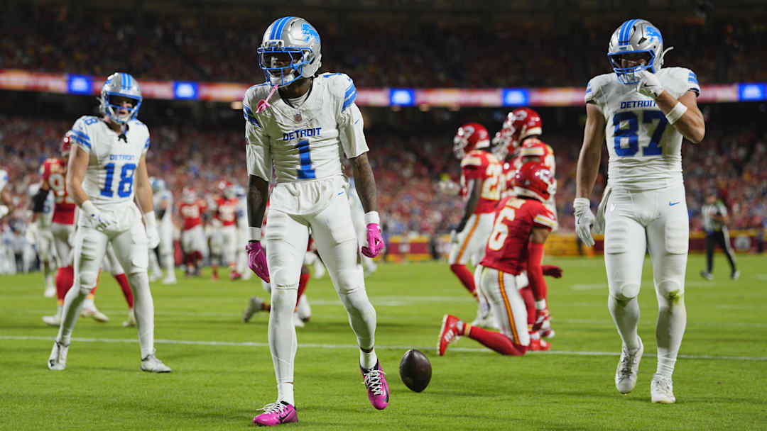 Oct 12, 2025; Kansas City, Missouri, USA;Detroit Lions wide receiver Jameson Williams (1) reacts after catching a touchdown pass against the Kansas City Chiefs during the first half at GEHA Field at Arrowhead Stadium. Mandatory Credit: Jay Biggerstaff-Imagn Images