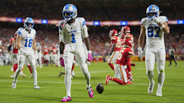 Oct 12, 2025; Kansas City, Missouri, USA;Detroit Lions wide receiver Jameson Williams (1) reacts after catching a touchdown pass against the Kansas City Chiefs during the first half at GEHA Field at Arrowhead Stadium. Mandatory Credit: Jay Biggerstaff-Imagn Images