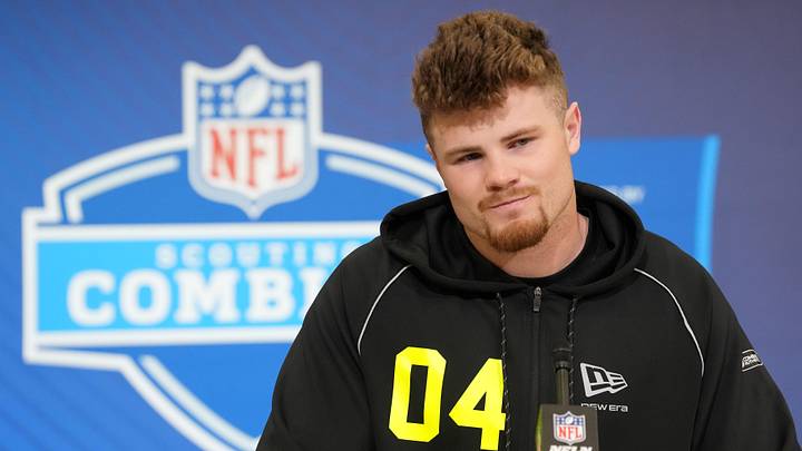 Feb 25, 2026; Indianapolis, IN, USA; Oregon linebacker Bryce Boettcher (LB04) speaks during the NFL Scouting Combine at the Indiana Convention Center. 
