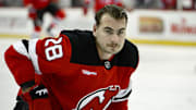 Nov 10, 2024; Newark, New Jersey, USA; New Jersey Devils right wing Timo Meier (28) before a game against the San Jose Sharks at Prudential Center. Mandatory Credit: John Jones-Imagn Images